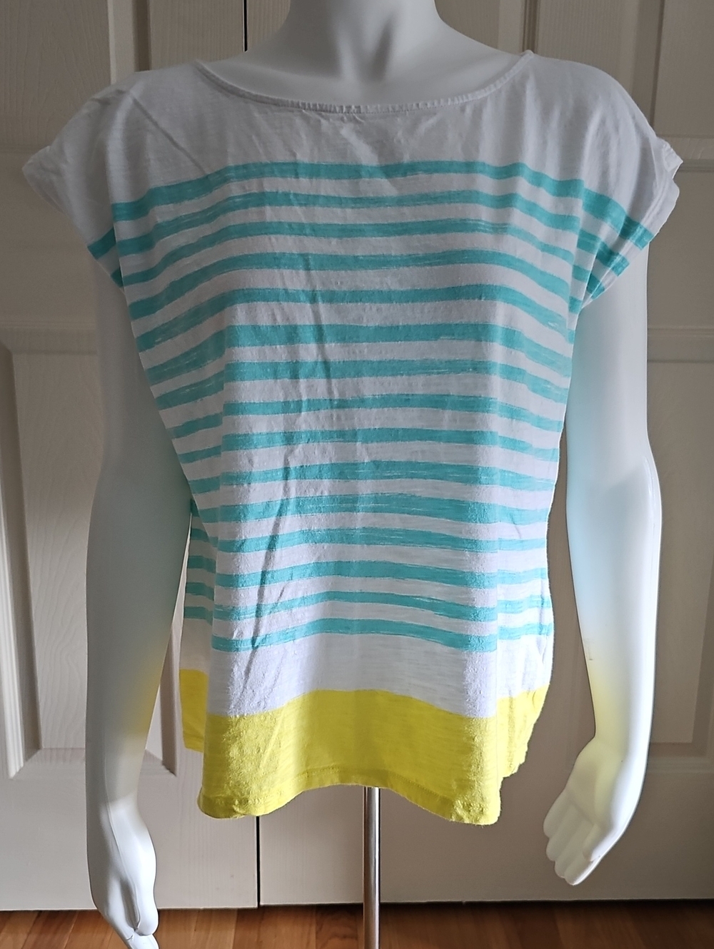 Talbots White, Aqua & Yellow Striped Short Sleeve Top